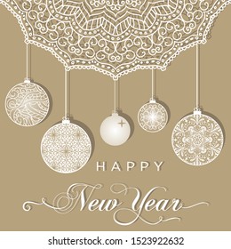 Happy New Year typography, Lace and ornamental Christmas balls, vector cut paper style 