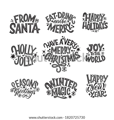 Happy New Year, typography lettering badge emblems quotes set collection. Great lettering for greeting cards, stickers, banners, prints and home interior decor. Xmas card. Merry Christmas 2021.