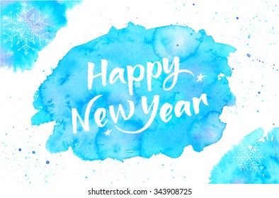Happy New Year typography on watercolor background. Vector greeting card.