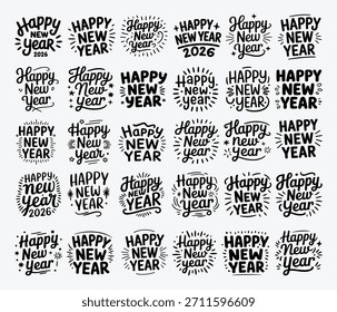 Happy New Year Typography Set, Hand-Drawn Celebration Lettering Collection, New Year 2026 Graphic Pack