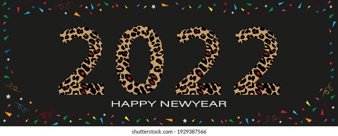 Happy New Year Typography text 2022 font with wild leopard skin on black background,Trendy Lettering and colourful paper cut elements for Greeting card or banner for Chinese new year,Year of the tiger