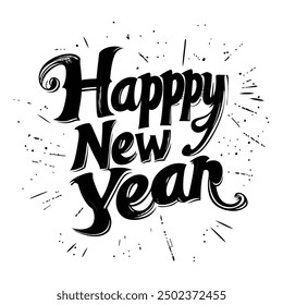 Happy New Year Typography, text, black and white, celebration, festive, greeting, hand-drawn, lettering, design, illustration, new beginnings, party, font, stylish