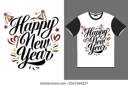 Happy New Year typography t-shirt Design with Festive Calligraphy, Modern Lettering, and Celebration.