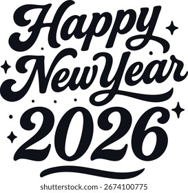 Happy New Year typography vector illustration, festive lettering with fireworks and stars, celebratory holiday greeting card design, black and white calligraphy style isolated on white background