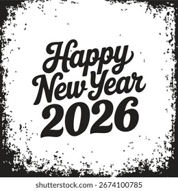 Feliz año Nuevo Ilustración vectorial de tipografía, letras festivas con fuegos artificiales y estrellas, diseño de tarjeta de felicitación de fiesta de celebración, estilo de caligrafía en blanco y negro aislado sobre fondo blanco