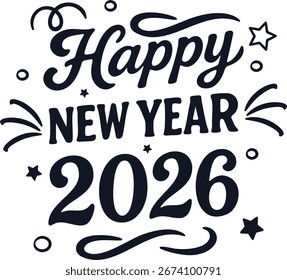 Happy New Year typography vector illustration, festive lettering with fireworks and stars, celebratory holiday greeting card design, black and white calligraphy style isolated on white background