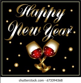 Happy New Year typography vector design for greeting cards and poster with balloon and glass