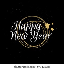 Happy New Year typography. White and gold inscription on black grunge textured  background. Useful for greeting cards, invitation or t-shirt print design. Modern lettering
