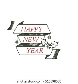 Happy New Year typography wish sign. Vector illustration of Christmas calligraphy label. Use for holiday photo overlays, tee designs, new year card and so on. Unusual line art design.