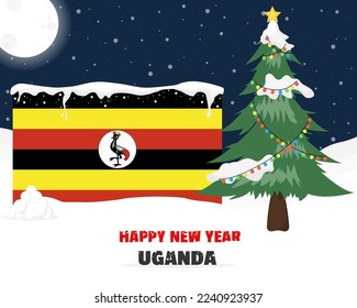 Happy new year in Uganda with Christmas tree and snow, banner or content design idea, Uganda flag with pine tree, new year celebration idea, sky with full moon and stars, vector design