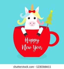 Happy New Year. Unicorn horse sitting in red coffee cup teacup. Fir tree. Red bow. Merry Christmas. Face and hands. Cute cartoon character. Hello winter Blue background Flat design Vector illustration