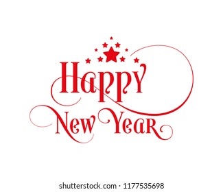 Happy New Year Unique Hand-drawn Typography Red Color with Stars. Great Design Element for Congratulation Cards, Invitation Card, Greeting Card.