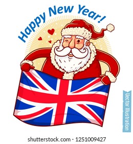 Happy New Year United Kingdom - Santa Claus with UK flag in hands. Santa holds flag of Great Britain. Greeting sticker, tshirt print with slogan, xmas design. Isolated layered vector illustration