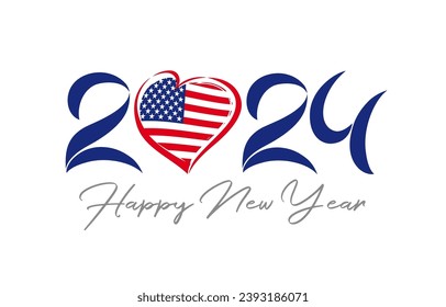 Happy New Year USA creative banner. Number icon 20 24 with US flag and heart shape. Graphic design. State holiday celebration. Vector illustration. Voting 2024, election day logo concept.