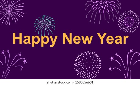 Happy new year with various types of firework silhouette background, vector illustration. Line art.