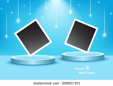Cartel de Feliz Año Nuevo vector 2022. Fondo azul con estrellas en caída. Tarjeta de saludo con lugar para tu foto o texto. 2 álbumes de visualización de productos. Cartel de la venta de temporada, volante. Estudio vacío azul brillante  