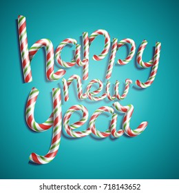 Happy New Year Vector. 3D Number Sign In Christmas Colours. Classic Xmas Candy Cane. New Year Poster, Greeting Card, Brochure, Flyer Typography Template Design. Isolated Illustration
