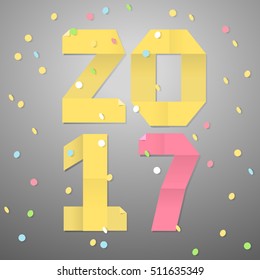 Happy New Year! Vector abstract illustration of a  color handmade paper origami number 2017 on grey background with confetti. Greeting poster in flat style