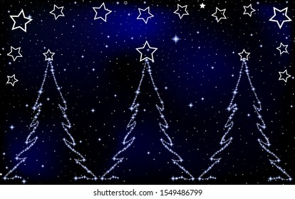 Happy New Year vector background with Christmas trees made of stars and constellations