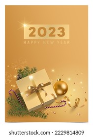 Happy New Year vector background with realistic decorative balls and text design. Holiday and greeting season banner, vertical card or template article with isolated elements