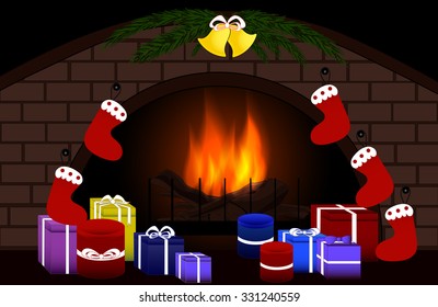 Happy New Year vector background with fireplace and gifts and decorations around it