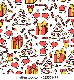 Happy New Year. Vector background with gifts, lollipops, xmas tree and bell. Hand drawn pattern with holiday design element. 