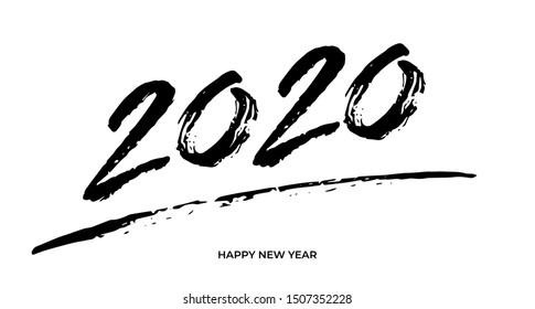 Happy new year vector banner template. Christmas holiday poster grunge design. Festive postcard, greeting card with congratulations. 2020 number hand drawn paint brush illustration with typography