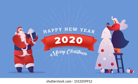Happy New Year vector banner template. Cartoon Santa Claus with gift and woman decorating Christmas tree. Winter season greeting card design layout with red ribbon and sunburst element