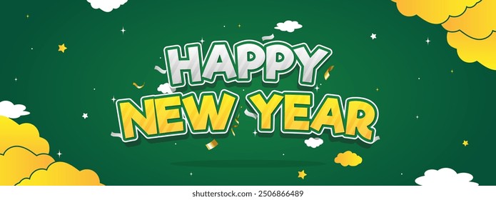 Happy New Year Vector Banner Template. Green and Yellow Color theme. Cute, Funny, happy, and child style.
