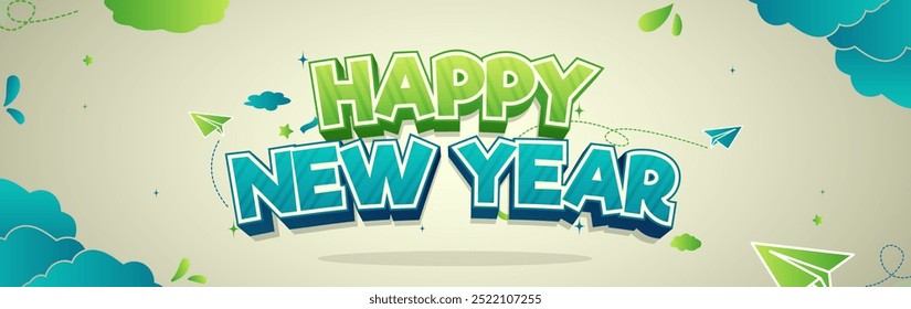Feliz año Nuevo Plantilla de diseño de Anuncio de Vector con estilo de texto 3D. Colorido, frío y divertido 
