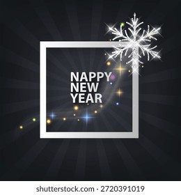 Frohes neues Jahr Vektorbanner Vorlage. Ein minimalistischer weißer quadratischer Rahmen enthält den Feiertagsgruß, der auf dunkelgrauem Sonnenburst-Hintergrund mit strahlenden Strahlen steht. Das Design ist mit einer brillanten Silber glitter Schneeflocke dekoriert. Elegante und moderne Grafik für saisonale Werbeaktionen, Social Media