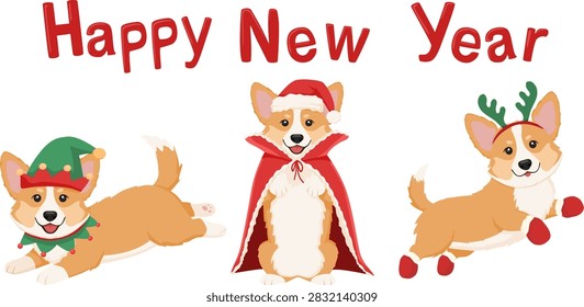 Happy New Year vector banner with cute Welsh Corgi dogs in festive winter costumes isolated on white