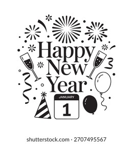 Happy new year vector black and white