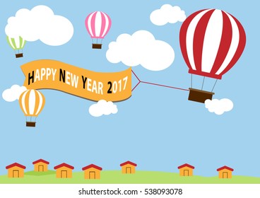 happy new year vector board and hot air balloon