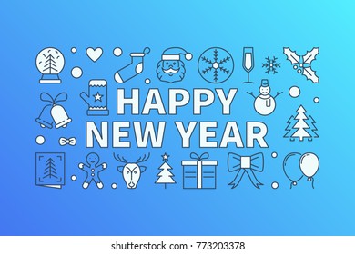 Happy New Year vector bright horizontal banner or illustration on blue background