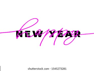 Happy New Year vector calligraphy phrase. 2020 New Year ink pen lettering. Pink line word with black type. Isolated on white background. Usable for banners, greeting cards, gifts etc. 
