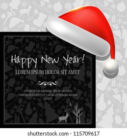 Happy New Year vector card or background with ribbons, Santa`s hat, snowman, candles, snowflakes, deer, tree, balls, stars.