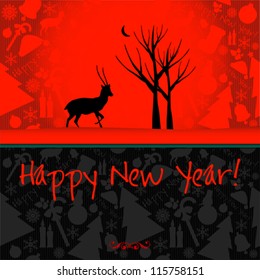 Happy New Year vector card or background with ribbons, Santa`s hat, snowman, candles, snowflakes, deer, tree, balls, stars.