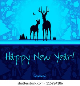 Happy New Year vector card or background with ribbons, Santa`s hat, snowman, candles, snowflakes, deer, tree, balls, stars.