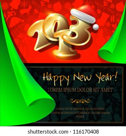 Happy New Year vector card or background with ribbons, Santa`s hat, snowman, candles, snowflakes, deer, tree, balls, stars.