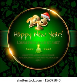 Happy New Year vector card or background with ribbons, Santa`s hat, snowman, candles, snowflakes, deer, tree, balls, stars.