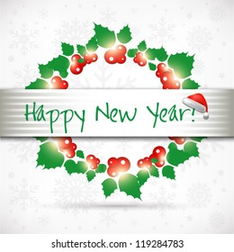 Happy New Year vector card or background with Santa`s hat, snowflakes, stars.