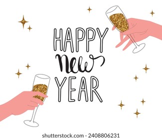Fröhliche Neujahrskarte, Vektorkarte. Glas mit Champagner in Händen. Frohes Neues Jahr mit Freunden. Champagner, Vektorgrafik. Erfolgsfeier