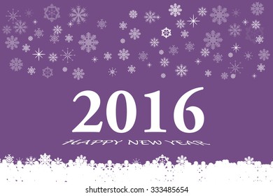 Happy new year vector card with the white numbers 2016 and bevelled inscription  Happy New Year on the trendy purple background. White botton is made up of fallen white snowflakes