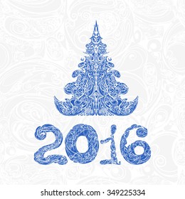 Happy new year vector card with christmas tree and decorative blue figures 2016