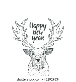 Happy new year. Vector card with deer and hand drawn font. Winter sign for design greeting cards, photo overlays, invitations.