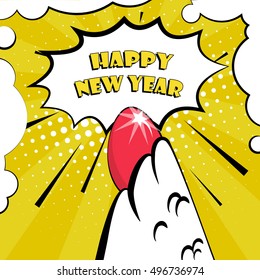 Happy New Year vector card with rooster wing and greeting text. comics style.