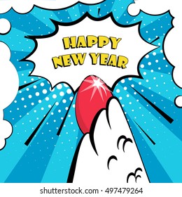 Happy New Year vector card with rooster wing and greeting text. Comics style.