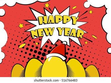 Happy New Year vector card with golden eggs in a Santa hat and greeting text. Comics style.