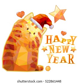 Happy new year vector card, set for your design, cute cartoon polygonal orange cat, star, heart, ball, sign, santa hat